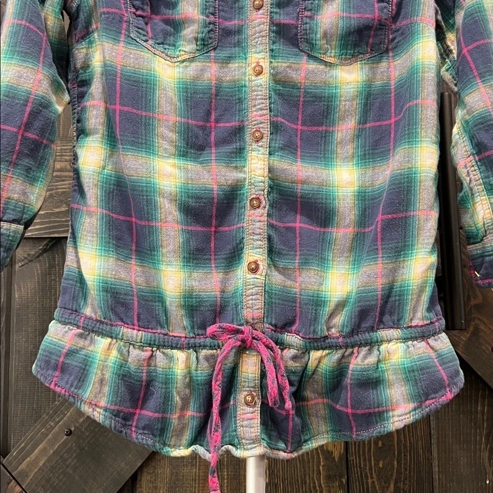 Hollister Teal Plaid Flannel Peplum Top L Babydoll Button Tie‎ Hem Coquette Y2K